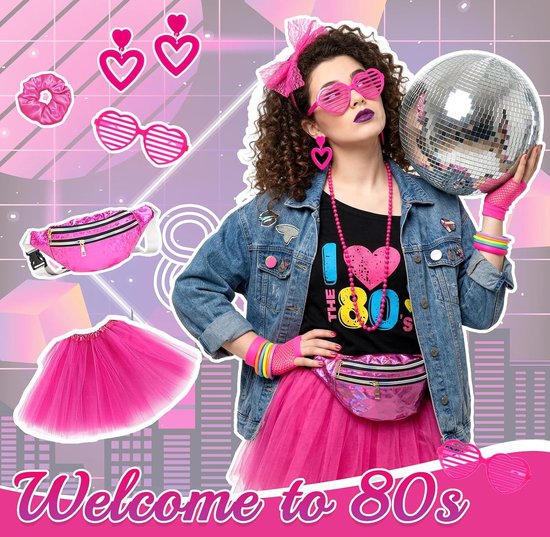 26 stuks jaren 80-kostuum, feestoutfit disco, neon uit de jaren 90, T-shirt, tutu, armband, heuptas, bril, armband, halskettingen, beenwarmers, outfit jaar, themafeest, carnaval, dames — afbeelding 5