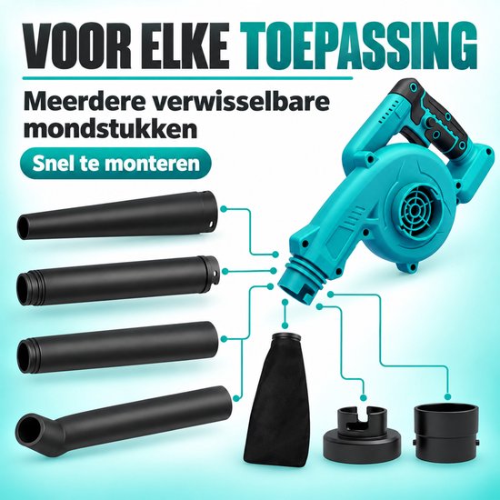 Accu Bladblazer en Bladzuiger 2-in-1 – Draadloze Handblazer 18V met 2x 3.0Ah Accu, Oplader, Opvangzak en Opzetstukken – Voor Tuin, Terras, Oprit, Auto en Werkplaats — afbeelding 2