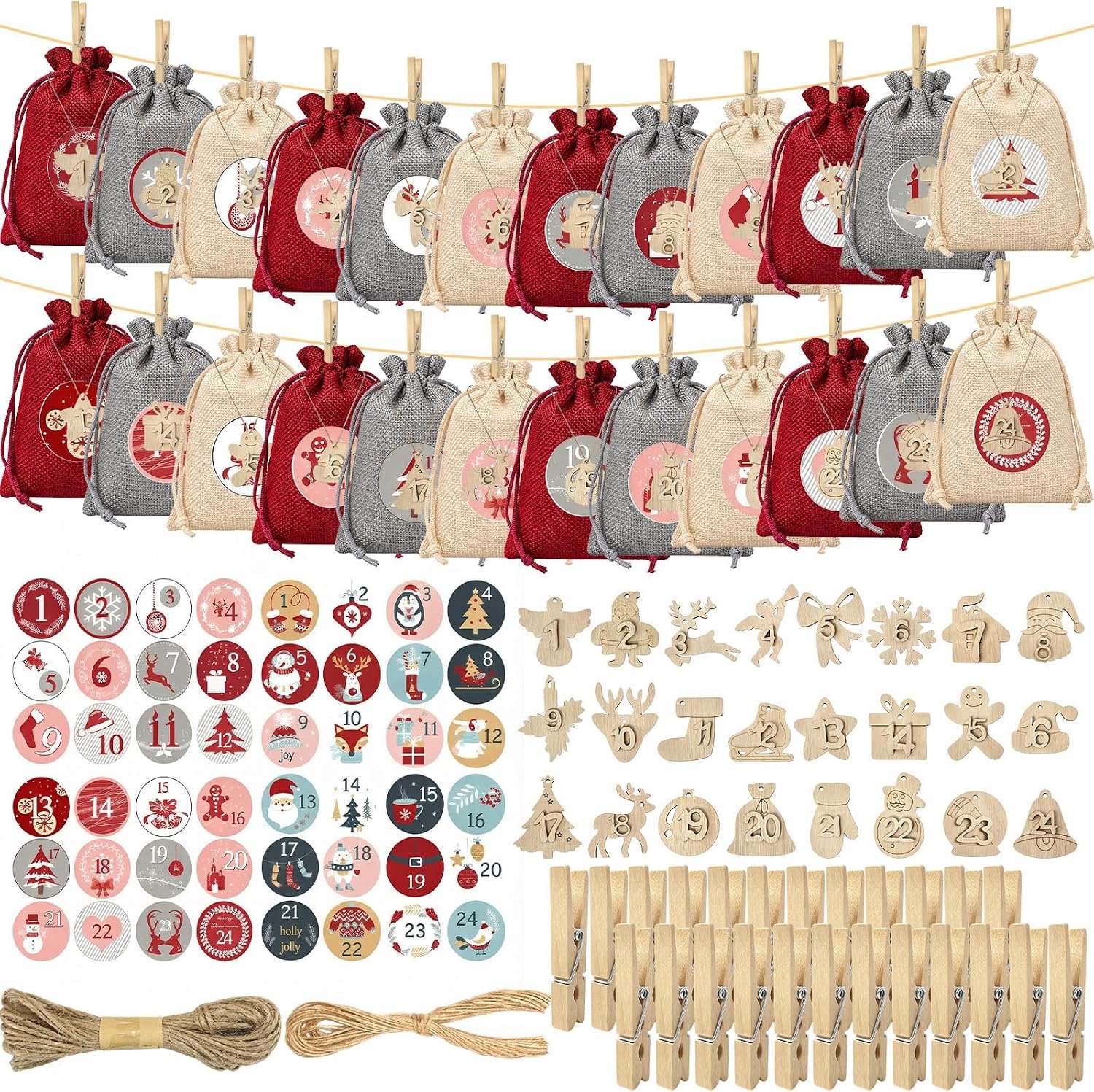 24 adventskalenders om te vullen, aftellen tot 2026, kerstdecoratiezakjes, stoffen kerstkalender, adventskalenderzakjes met houten klemmen en 10 m henneptouw (rood)