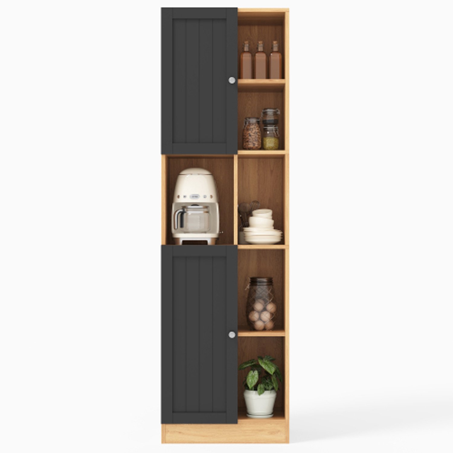 Hoekkast keuken – hoge kast met 6 open vakken, 2 deuren en verstelbare planken, smalle keukenkast voor keuken, eetkamer en woonkamer, kantelbeveiliging, 50 × 35,5 × 170 cm, antraciet/eiken