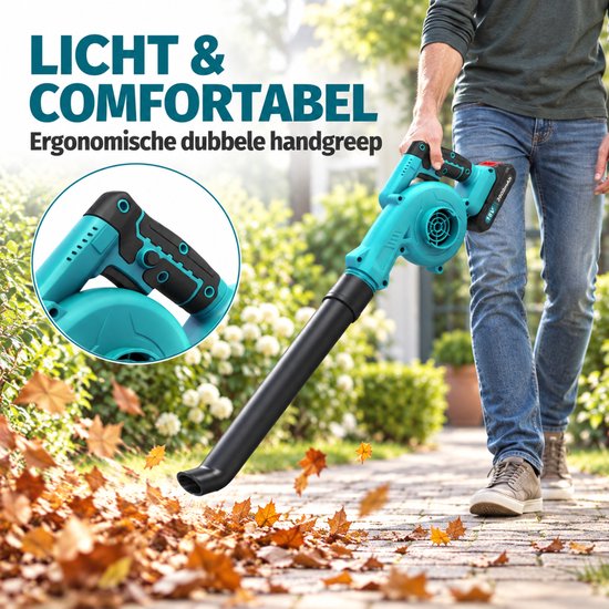 Accu Bladblazer en Bladzuiger 2-in-1 – Draadloze Handblazer 18V met 2x 3.0Ah Accu, Oplader, Opvangzak en Opzetstukken – Voor Tuin, Terras, Oprit, Auto en Werkplaats — afbeelding 5