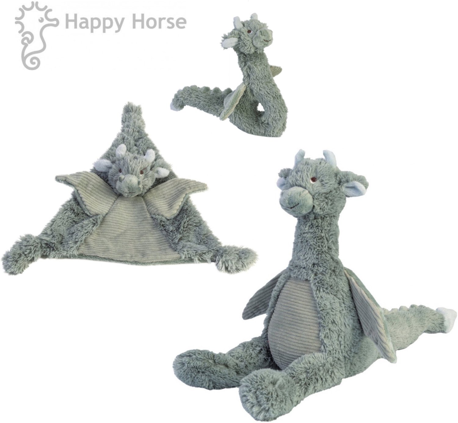 Happy Horse Draak Drake Cadeau set – Knuffel 26cm + Knuffeldoekje 24cm + Rammelaar 18cm | Set van 3 |Mintgroen | Kraam cadeau | Baby cadeau
