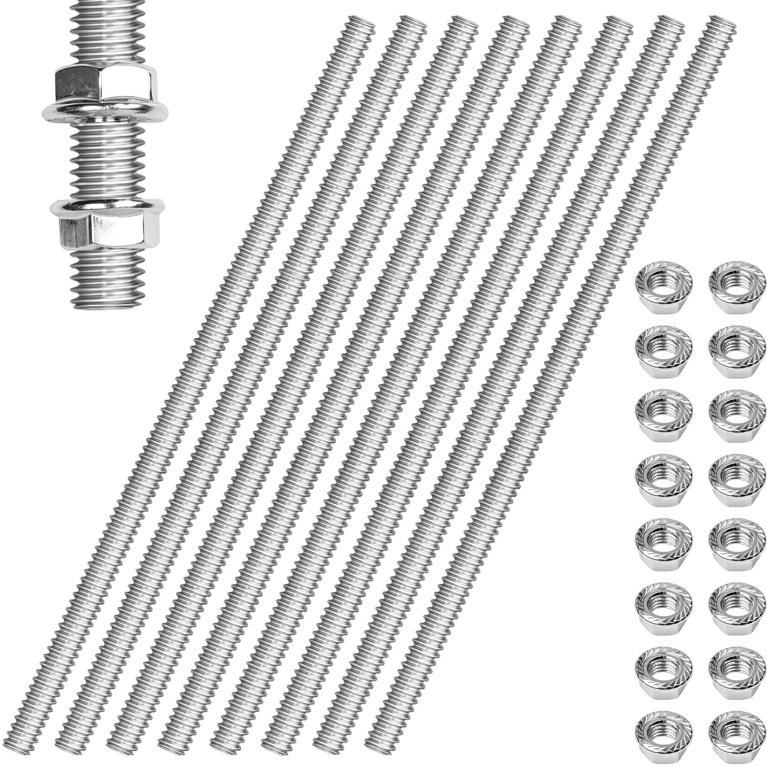 NETFLO 8 stuks M6 schroefdraadstang M6 x 300 mm schroefdraadstangen, uitgerust met 16 flensmoeren, volledige - ShopVlot