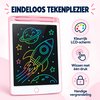 Roze tekentablet met LCD-scherm, met afbeeldingen van een raket, planeet en sterren.