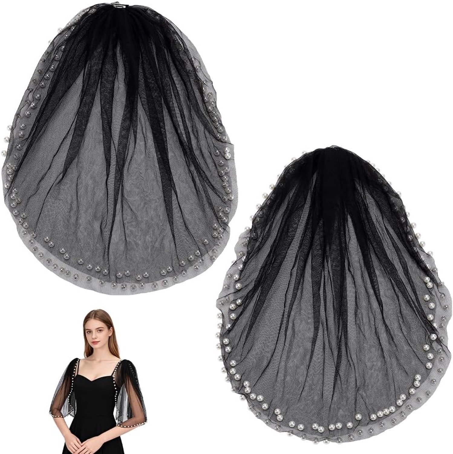 1 Paar Parelsjaal Wrap Shrug Bruids Cape Sheer Tulle Zwart Afneembare Elegante Bruiloft Cape Jurk Cover Up Zachte Tule Capes voor Vrouwen Bruiden Avondjurk Bruiloft Party Bolero
