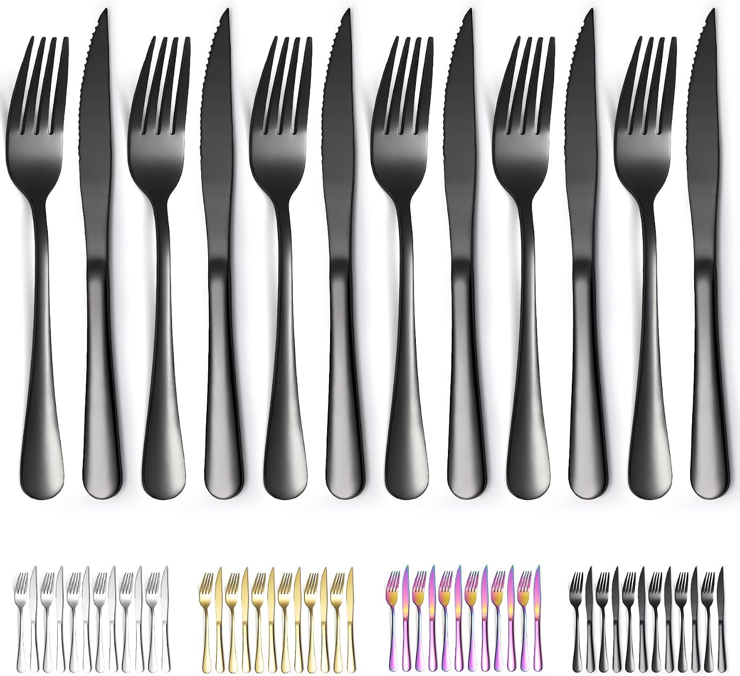 Evanda Zwart Steakbestek 12-Delig, Zwart Titanium Gecoat Roestvrij Staal 6 Tafelvorken en 6 Tafelmessen Set, Steakmessen Steakvorken, Vaatwasmachinebestendig