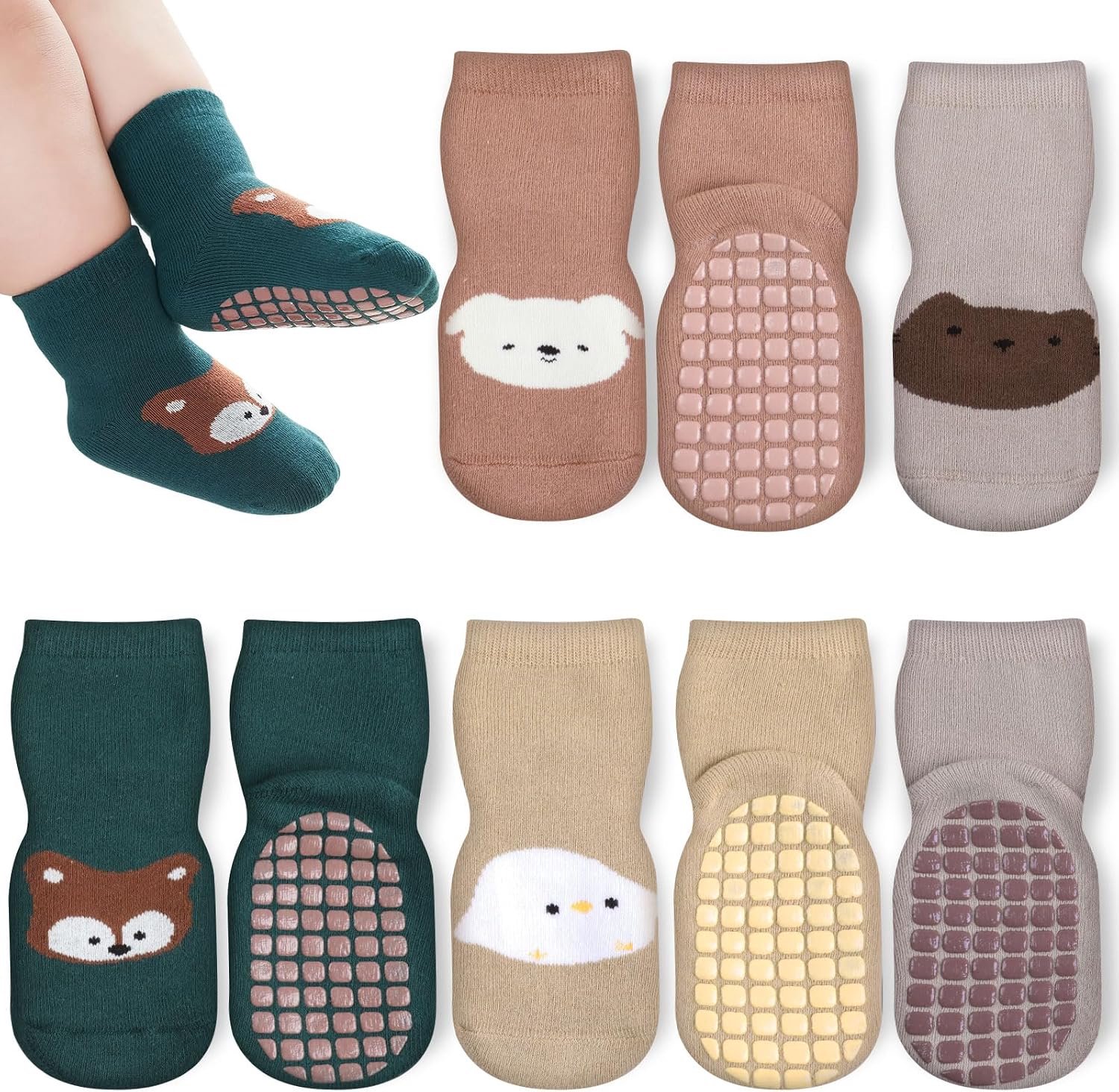 4 paar antislip babysokken, voor jongens en meisjes, dikke wintersokken van katoen, antislip, diermotief
