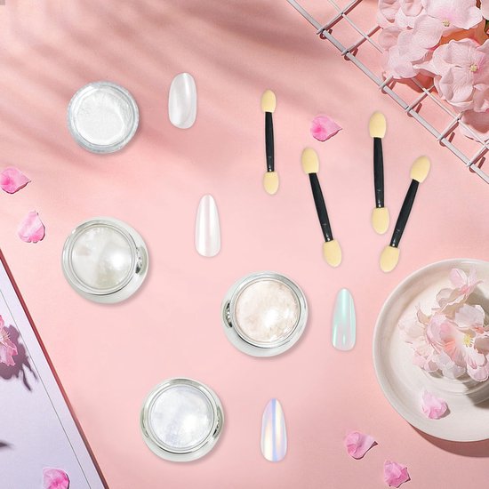 4 Stuks Nagellak Aurora Poeder, 3 Stuks Kleine Borstels, Transparante Verchroomde Nagel Glitter Poeder, Met Glans En Spiegeleffect, Handgemaakte Nagel Sieraden. — afbeelding 4