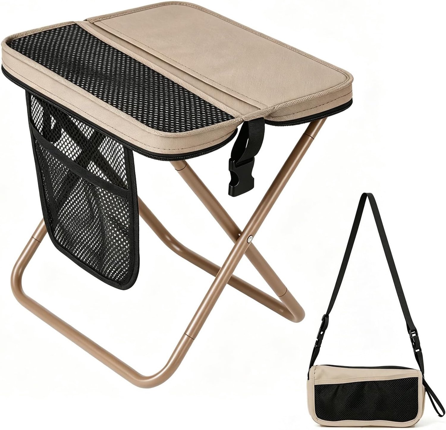 Draagbare klapkruk, campingkruk, 31 cm, campingkruk, opvouwbaar, tuinkruk, lichte zitting, vouwstoel, klapstoel, mini-klapkruk met opbergtas, voor reizen, picknick, trekking, vissen (beige)