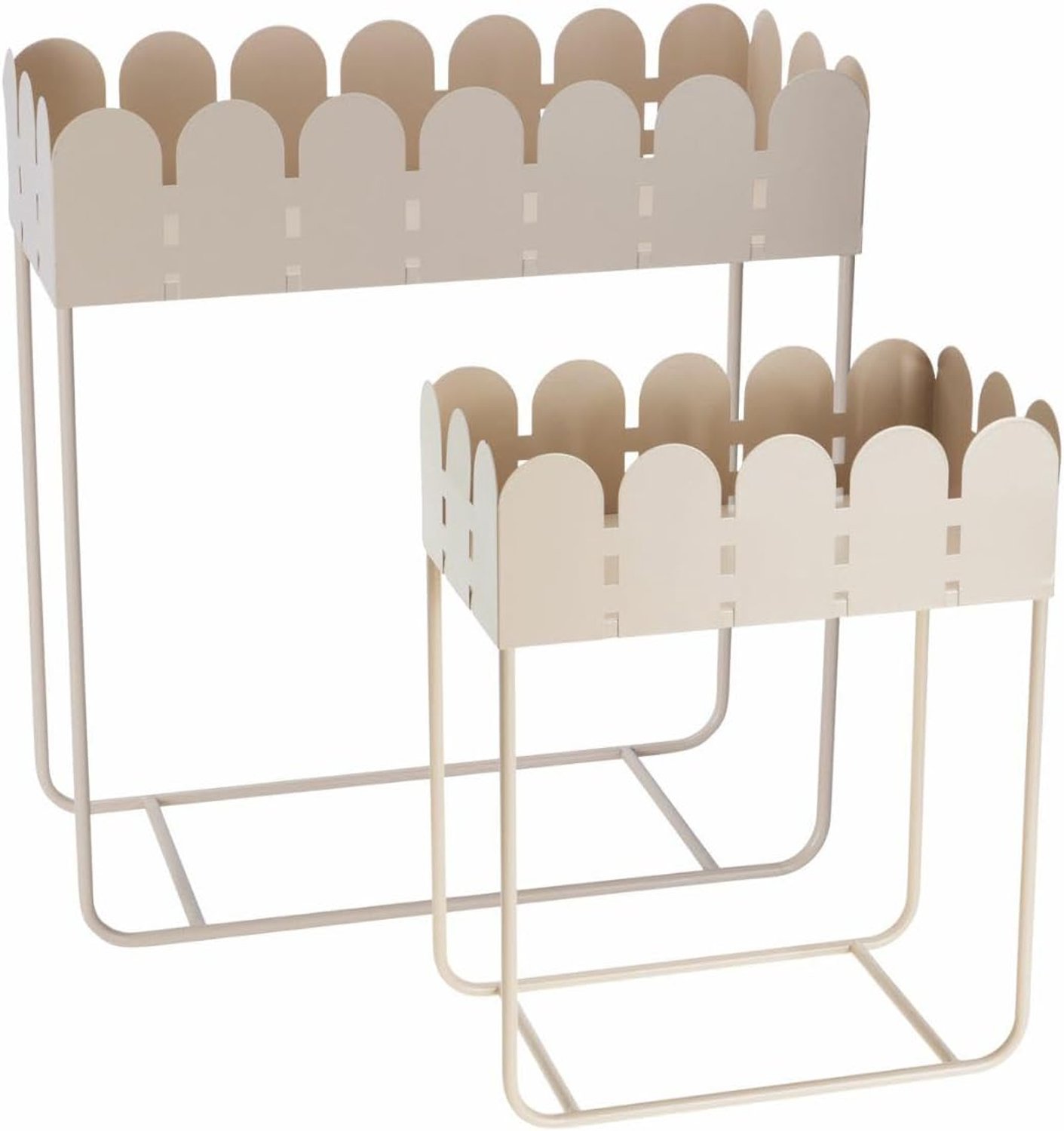Bloembak, set van 2 plantenbakken met metalen standaard, bloempot, zandkleuren, golvende rand, modern, mat, plantenhouder, binnen, woonruimte, decoratie