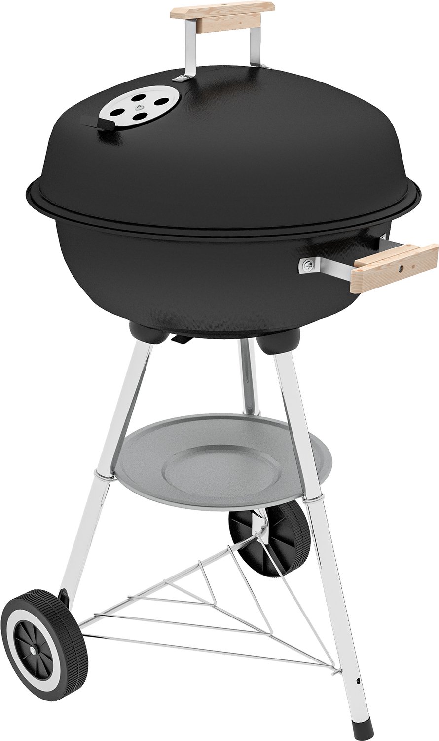 Houtskoolbarbecue met stalen grill, deksel, ventilatieopeningen en wielen, zwart