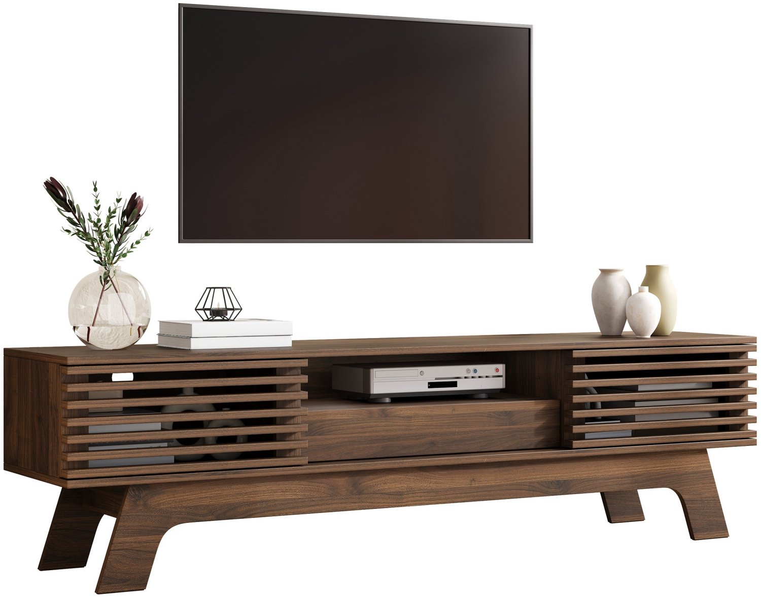 Clruro TV-Meubel - 150×35×44 cm - 2 Lamellendeuren - Lade en Kabeldoorvoer - MDF - Walnoot