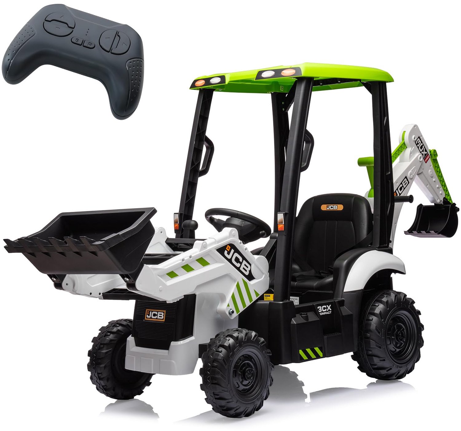 Kinder Elektro Tractor 4 in 1 12V - Met Afstandsbediening - Bagger Bulldozer & Frontlader - Afneembare Tent - Claxon - EVA Banden - Groen Wit
