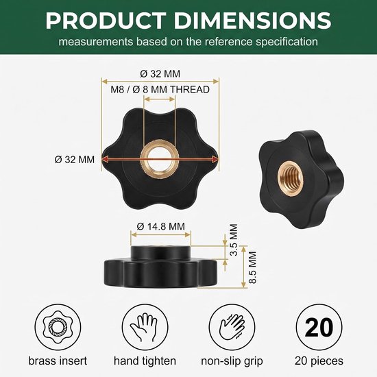 20 stuks schroeven M8 x 32 mm sterschroef draaiknop vastzetschroef handvat schroeven met knop spanknop voor gereedschapsmachines, mechanische apparaten — afbeelding 3