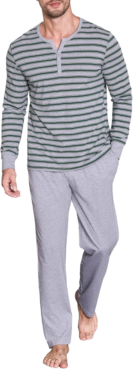 Tweedelige pyjama voor heren, lange slaapkleding, katoenen pyjamaset, winternachtkleding, lange mouwen, met knoopsluiting, V-hals en strependesign