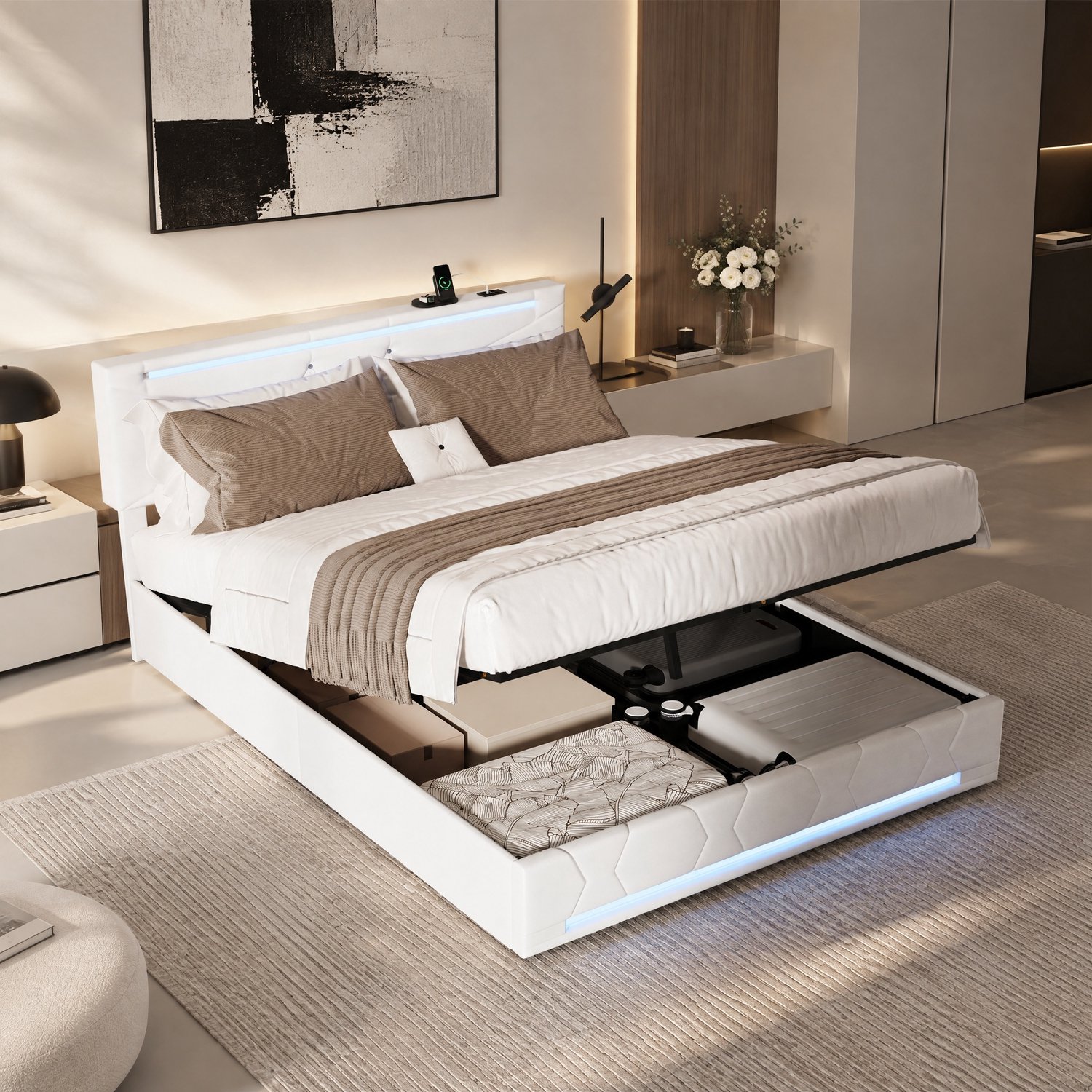 MEXUS Opbergbed 140x190 cm met led-verlichting, Gestoffeerd Tweepersoonsbed met hydraulische opbergruimte, in hoogte verstelbaar hoofdeinde, Bedframe voor volwassenen en tieners, matras niet inbegrepen, linnen Beige