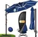 Donkerblauwe zweefparasol met LED-verlichting, zonnepaneel, beschermhoes en riemen.