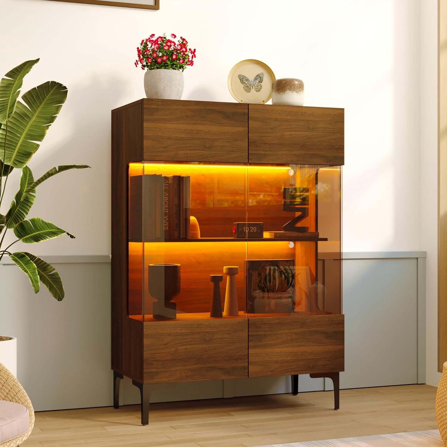 Moderne glazen vitrine met ledverlichting en push-to-open deuren, vitrinekast met 3 planken, buffetkast voor woonkamer, eetkamer of keuken, 80 x 38,2 x 115 cm, bruin