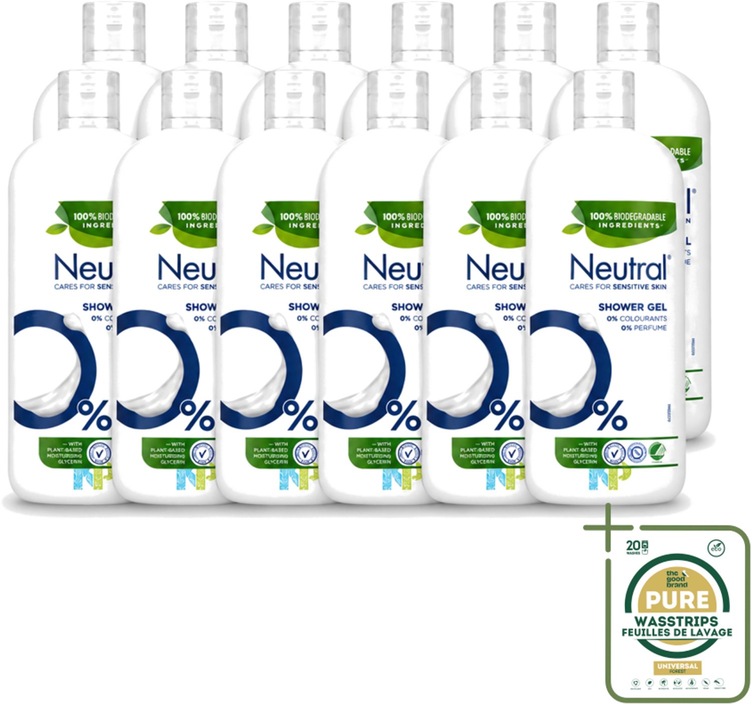 12 x Neutral – Douchegel – Sensitive Skin – 900 ml - Wasstrips - Gevoelige Huid - Droge Huid - Parfumvrije Douchegel - Milde Douchegel - Dermatologisch Getest
