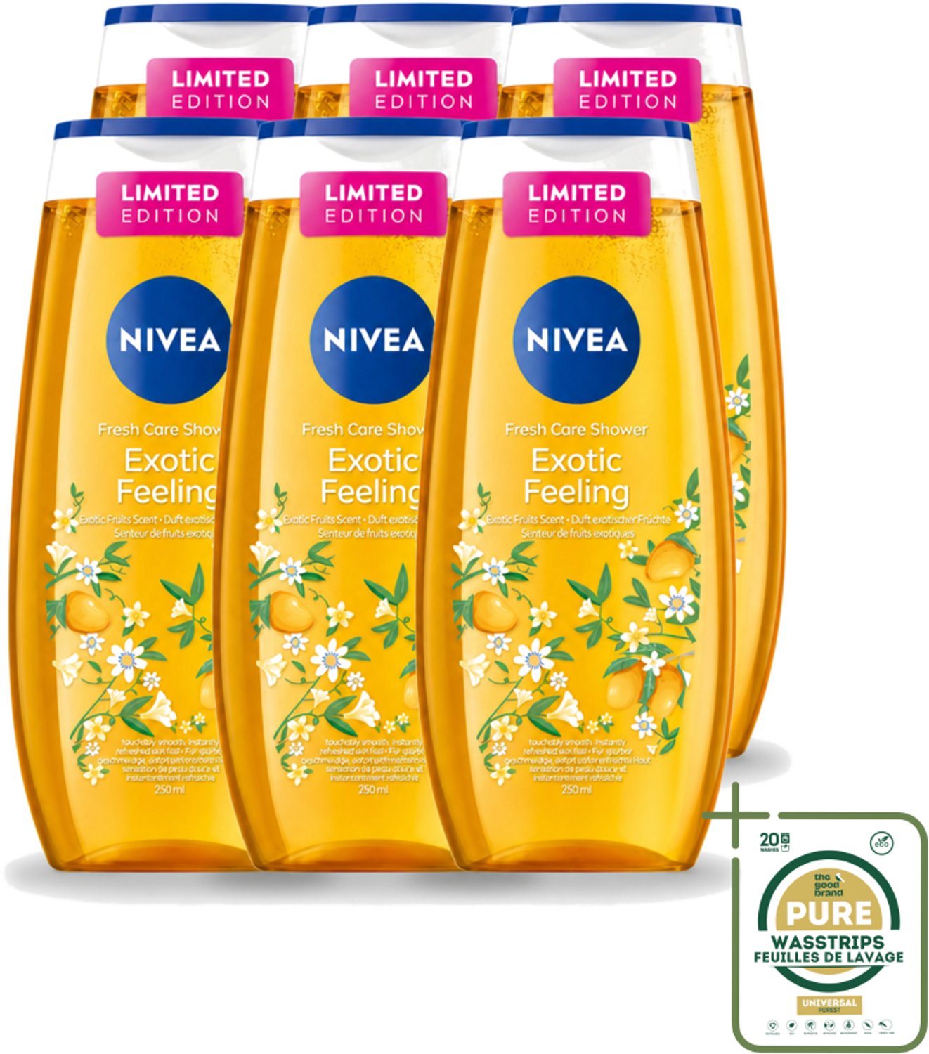 6 x Nivea – Douchegel – Exotic Feeling – 250 ml - Wasstrips - Douchegel - Tropische Geur - Mild Reinigen - Huid Verzorgen - Fris Huidgevoel