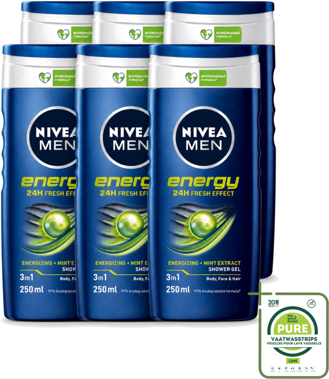 6 x Nivea - Men - Energy Douchegel - Langdurig Fris Gevoel - 250 ml - Grootverpakking - Vaatwasstrips - Douchegel Voor Mannen - Energieboost - Fris Gevoel - Reiniging Lichaam En Haar - Mintextract
