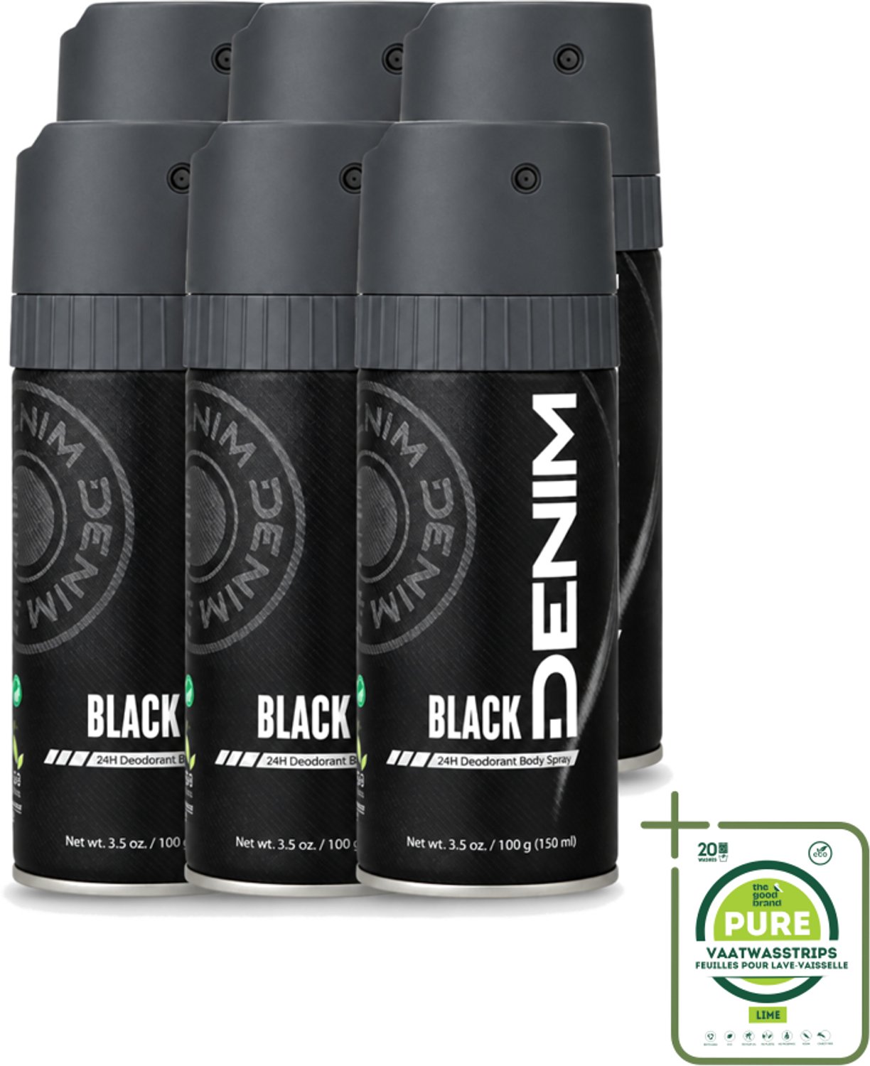 6 x Denim - Deodorant Aerosol - Black Geur - Voor Mannen - 150 ml - Grootverpakking - Vaatwasstrips - Deodorant Spray - Mannelijke Geur - Frisheid - Transpiratie - Geurcontrole