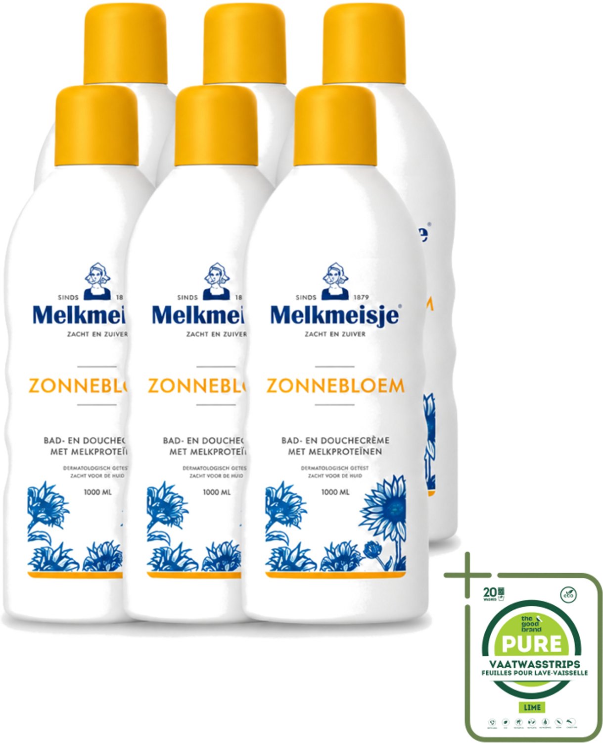 6 x Melkmeisje - Bad & Douche Zonnebloem - Romig Parfum - 1000 ml - Grootverpakking - Vaatwasstrips - Douchecrème - Melkmeisje - Zonnebloem - Huidverzorging - Melkproteïnen