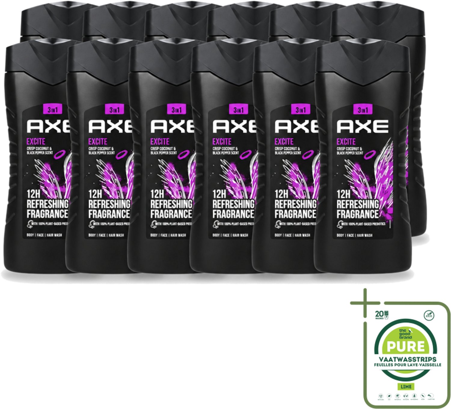 12 x Axe – Douchegel – Excite - 250 ml - Grootverpakking - Vaatwasstrips - Douchegel - Zwarte Peper - Kokosnoot - Mannelijke Geur - Fris Gevoel