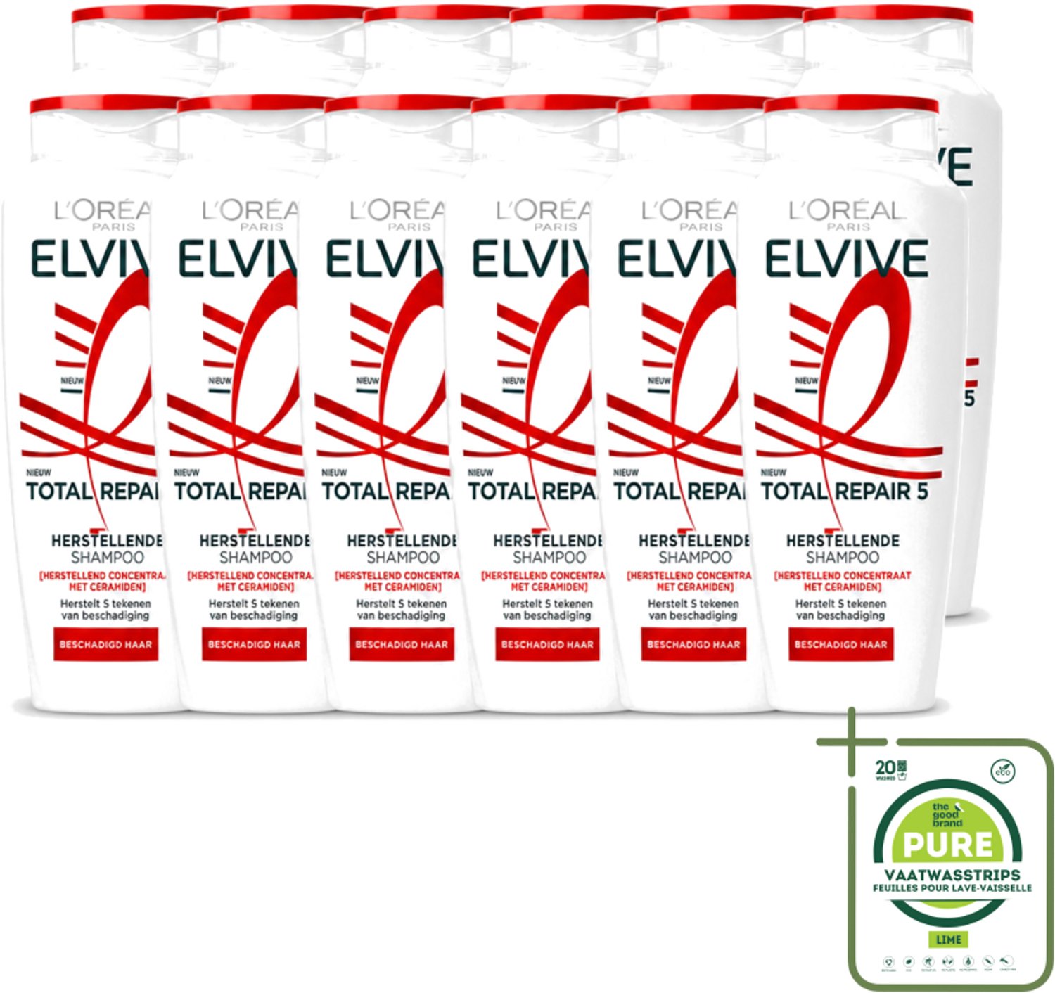 12 x L’Oréal Paris Elvive – Shampoo – Total Repair 5 – Herstellend – 250 ml - Grootverpakking - Vaatwasstrips - Beschadigd Haar - Droog Haar - Futloos Haar - Herstel Shampoo - Haar Herstellen