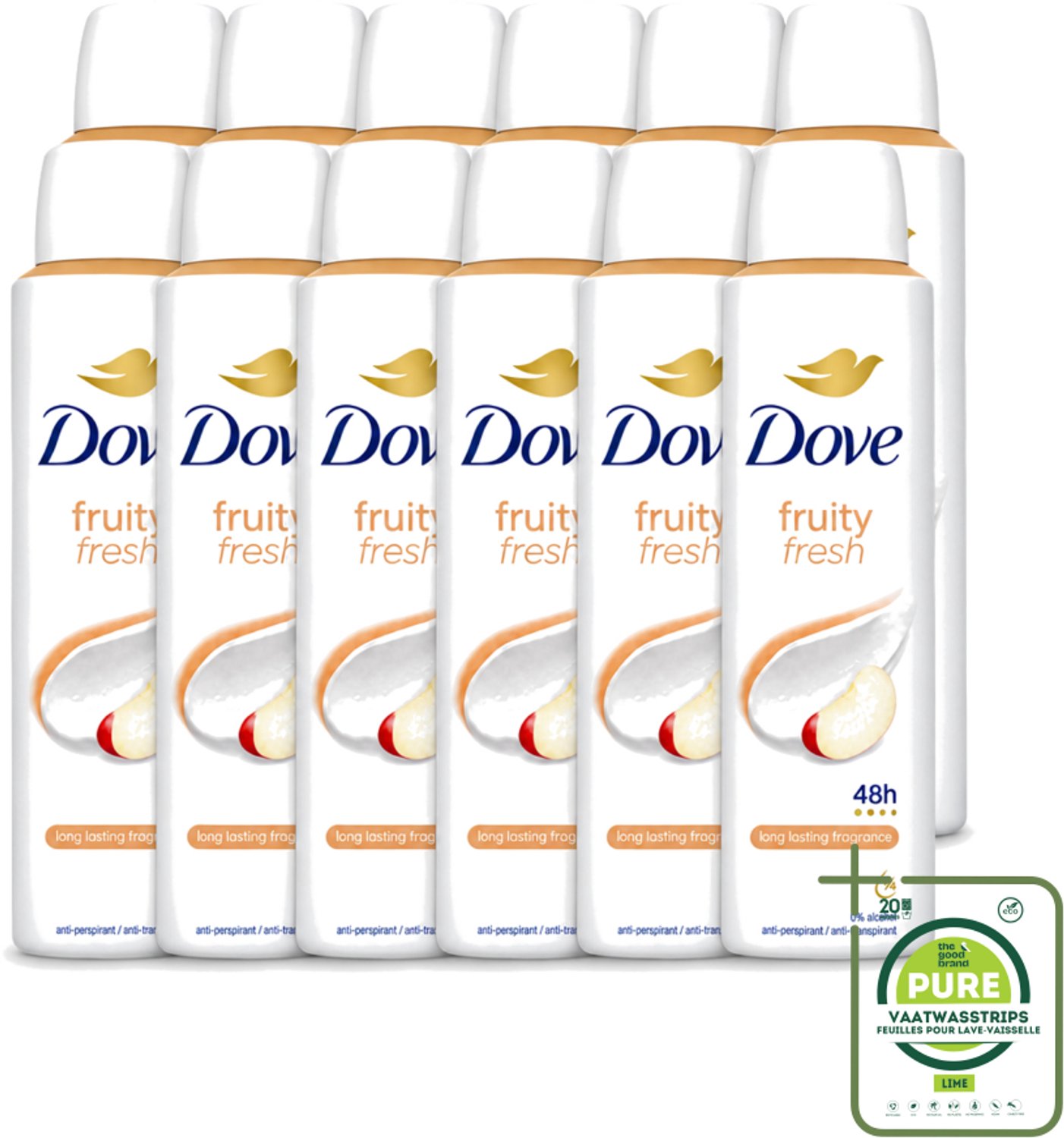12 x Dove – Deodorant Spray – Fruity Fresh – 150 ml - Grootverpakking - Vaatwasstrips - Deodorant Spray - Fris - Fruitige Geur - Okselhuid Verzorging - Transpiratiegeur