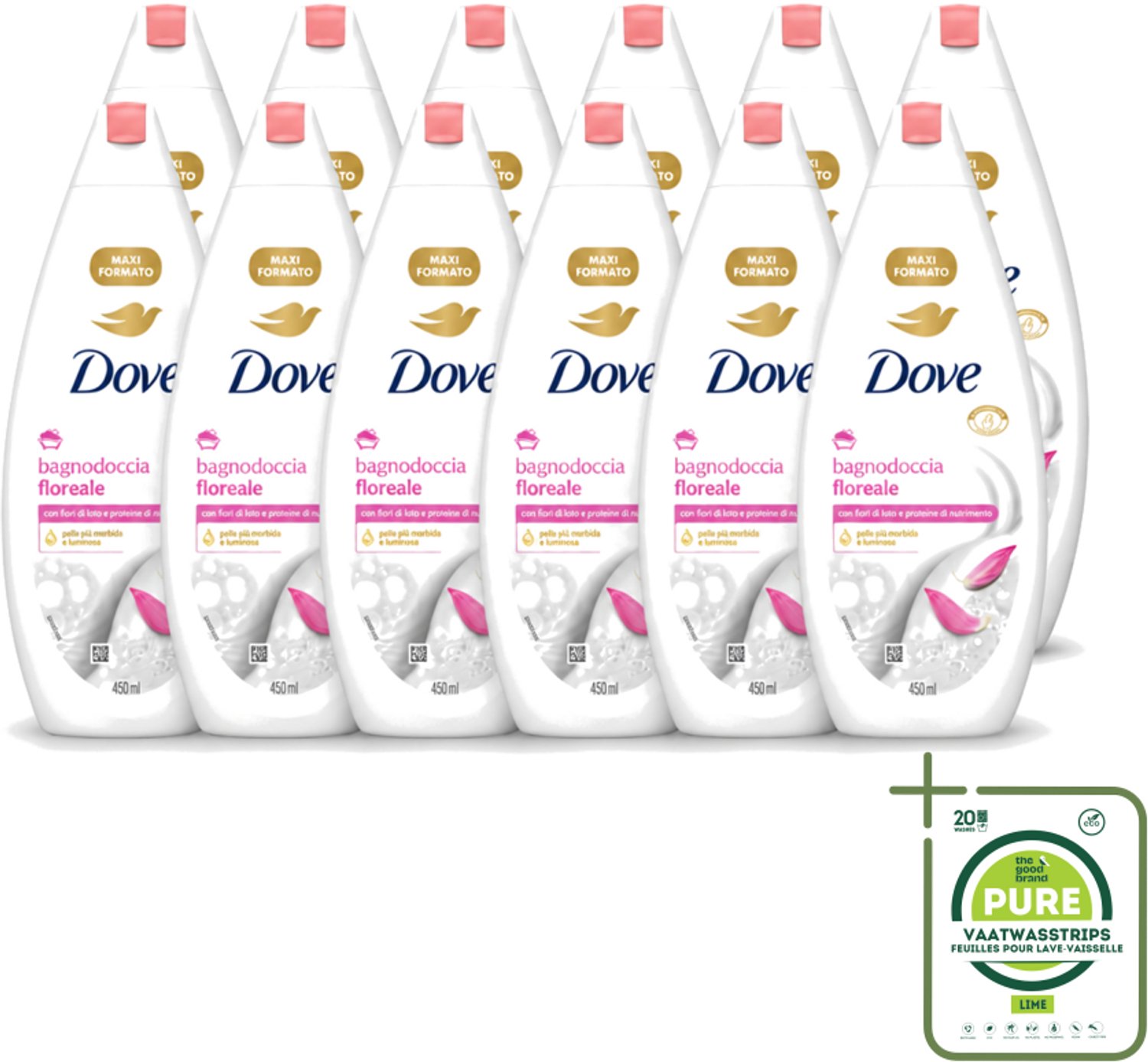12 x Dove – Douchegel – Lotus Bloem – 450 ml - Grootverpakking - Vaatwasstrips - Douchegel Lotus Bloem - Mild Reinigen - Huid Verzorgen - Hydraterende Douchegel - Lotusbloem Geur