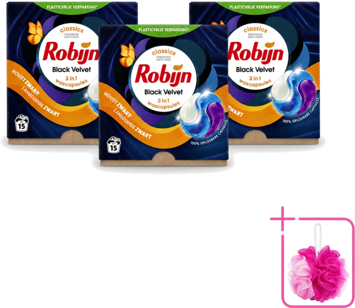 3 x Robijn – 3-in-1 Wascapsules – Black Velvet – 15 capsules - Bulkverpakking - Zwarte was - Douchemop - Zwart kleding