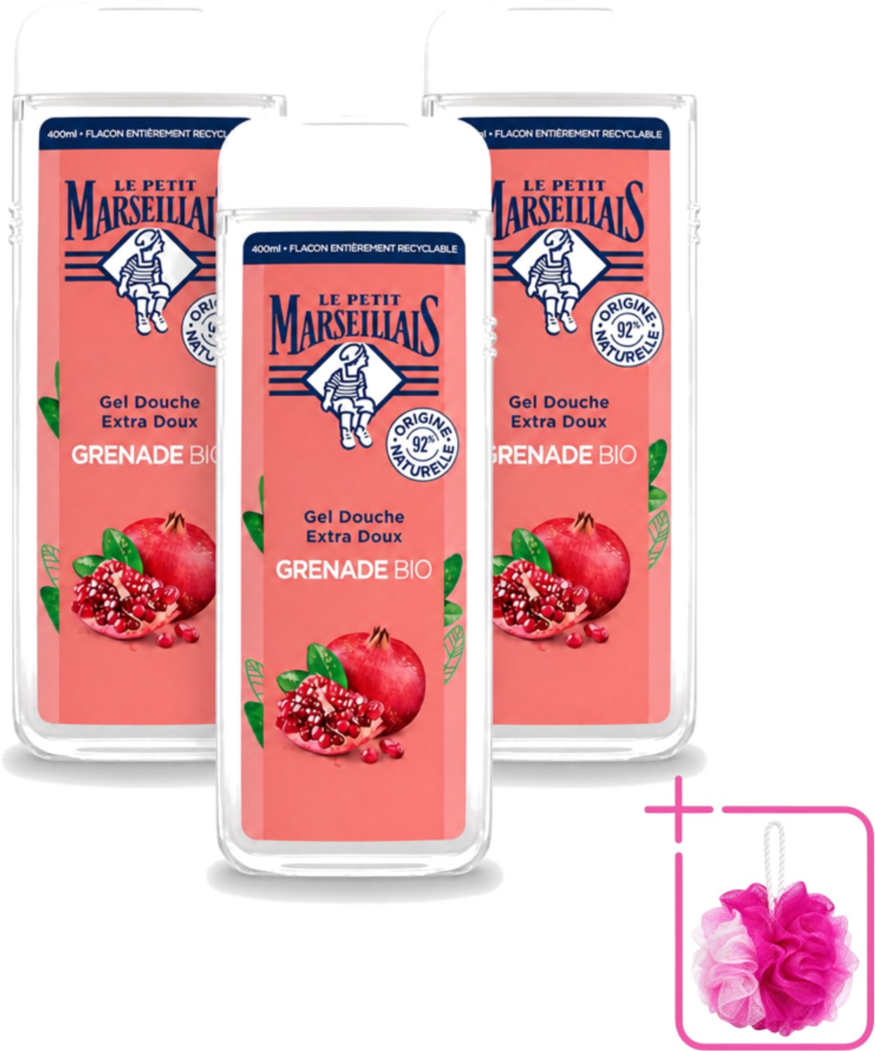 3 x Le Petit Marseillais – Douchegel – Grenade Bio – 400 ml - Bulkverpakking - Douchegel - Douchemop - Biologische douchegel