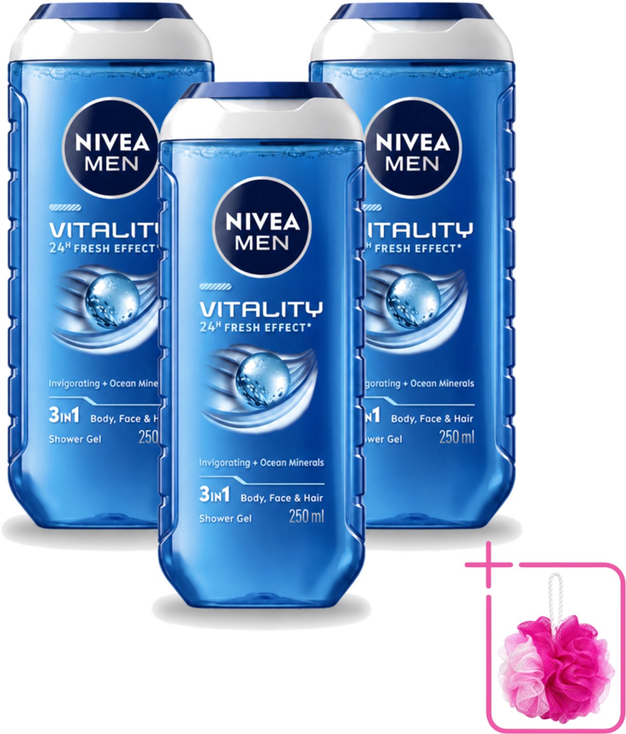 3 x Nivea Men – Douchegel – Vitality 3-in-1 – 250 ml - Bulkverpakking - Douchegel voor mannen - Douchemop - Frisheid