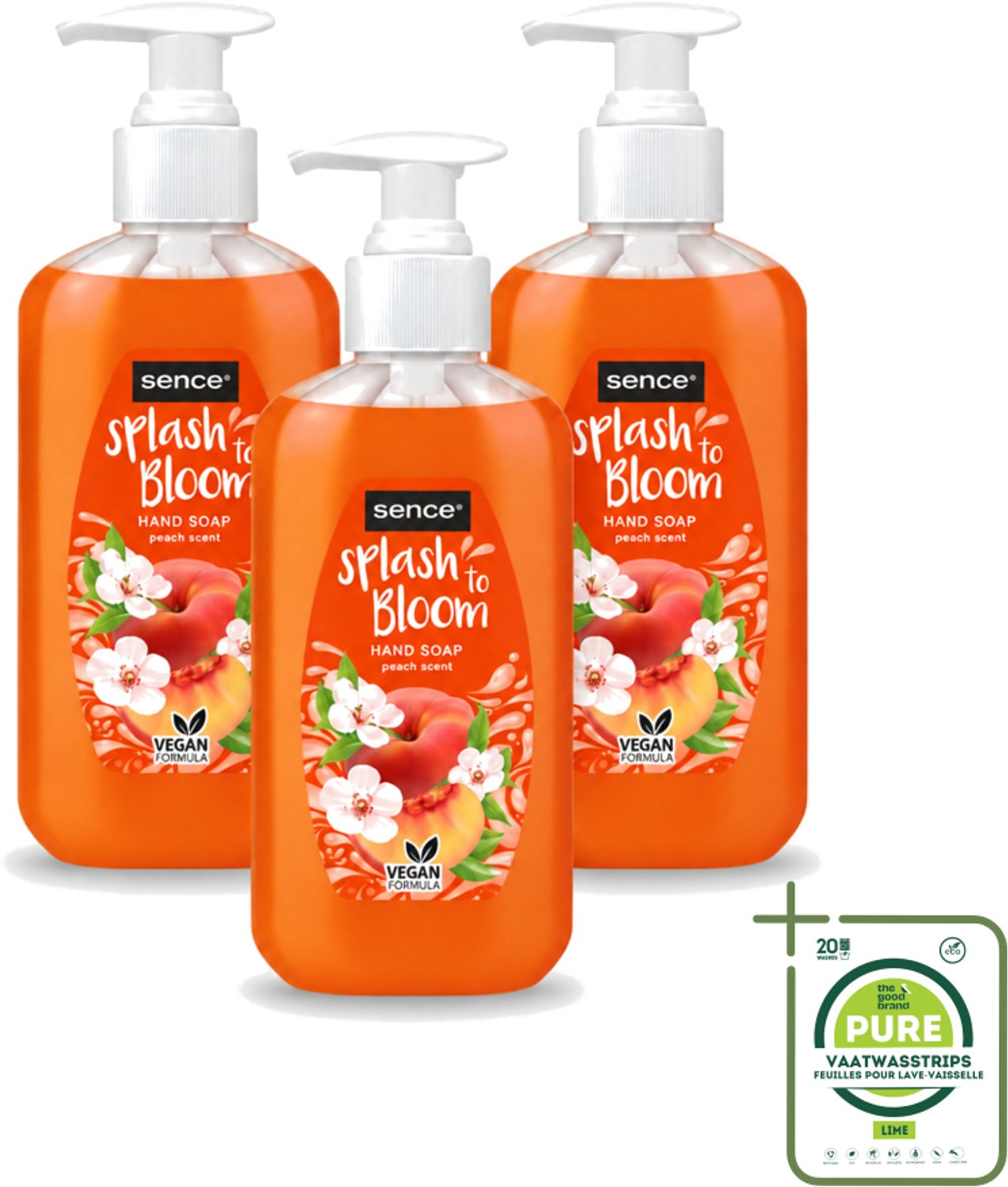 3 x Sence – Handzeep – Splash To Bloom Peach – 500 ml - Grootverpakking - Vaatwasstrips - Handzeep - Perzikgeur - Reiniging - Handen Reinigen - Zachte Handzeep