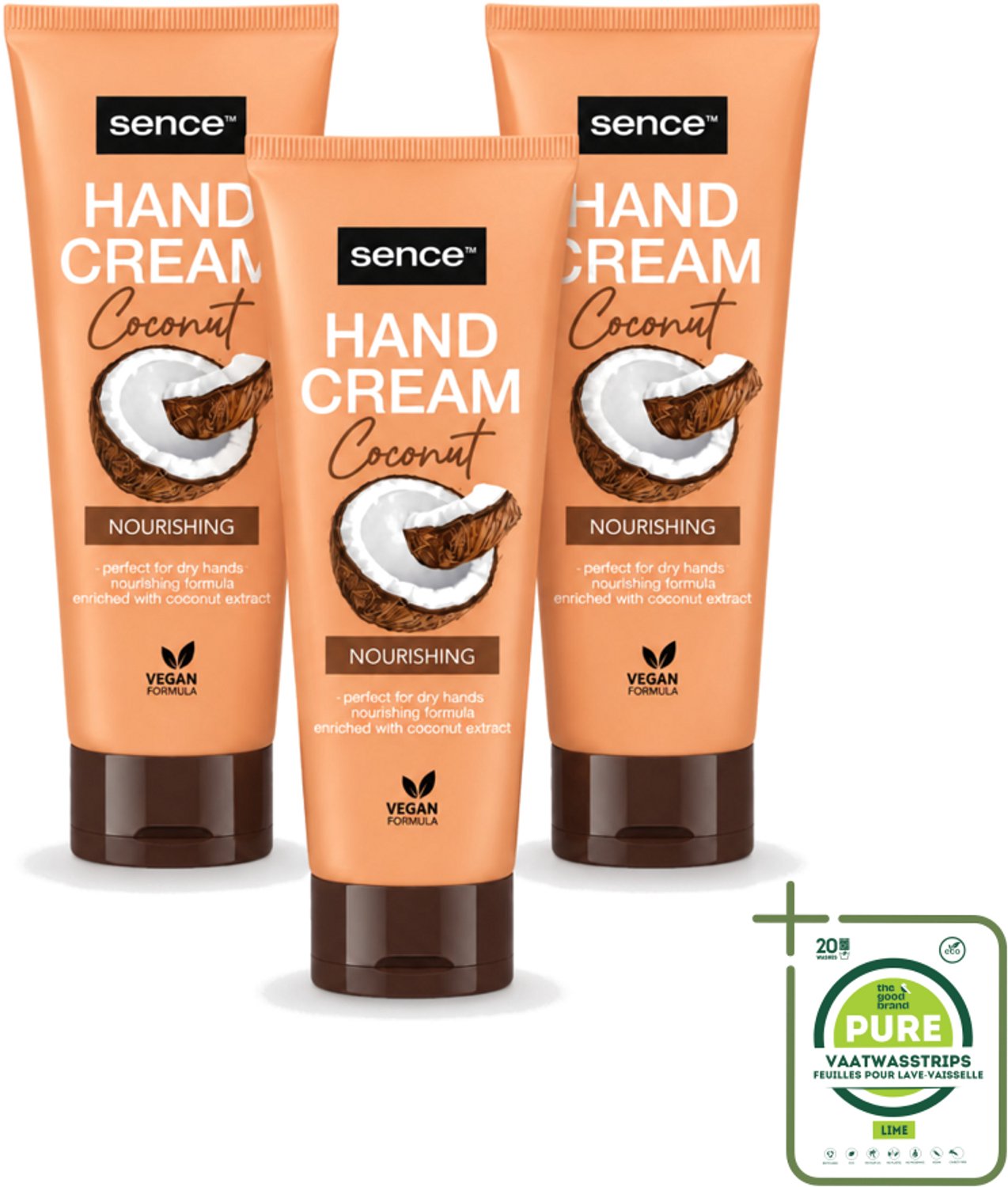 3 x Sence – Handcrème – Coconut Nourishing – 75 ml - Grootverpakking - Vaatwasstrips - Handcrème - Kokosolie - Droge Handen - Hydratatie - Handen Verzorgen