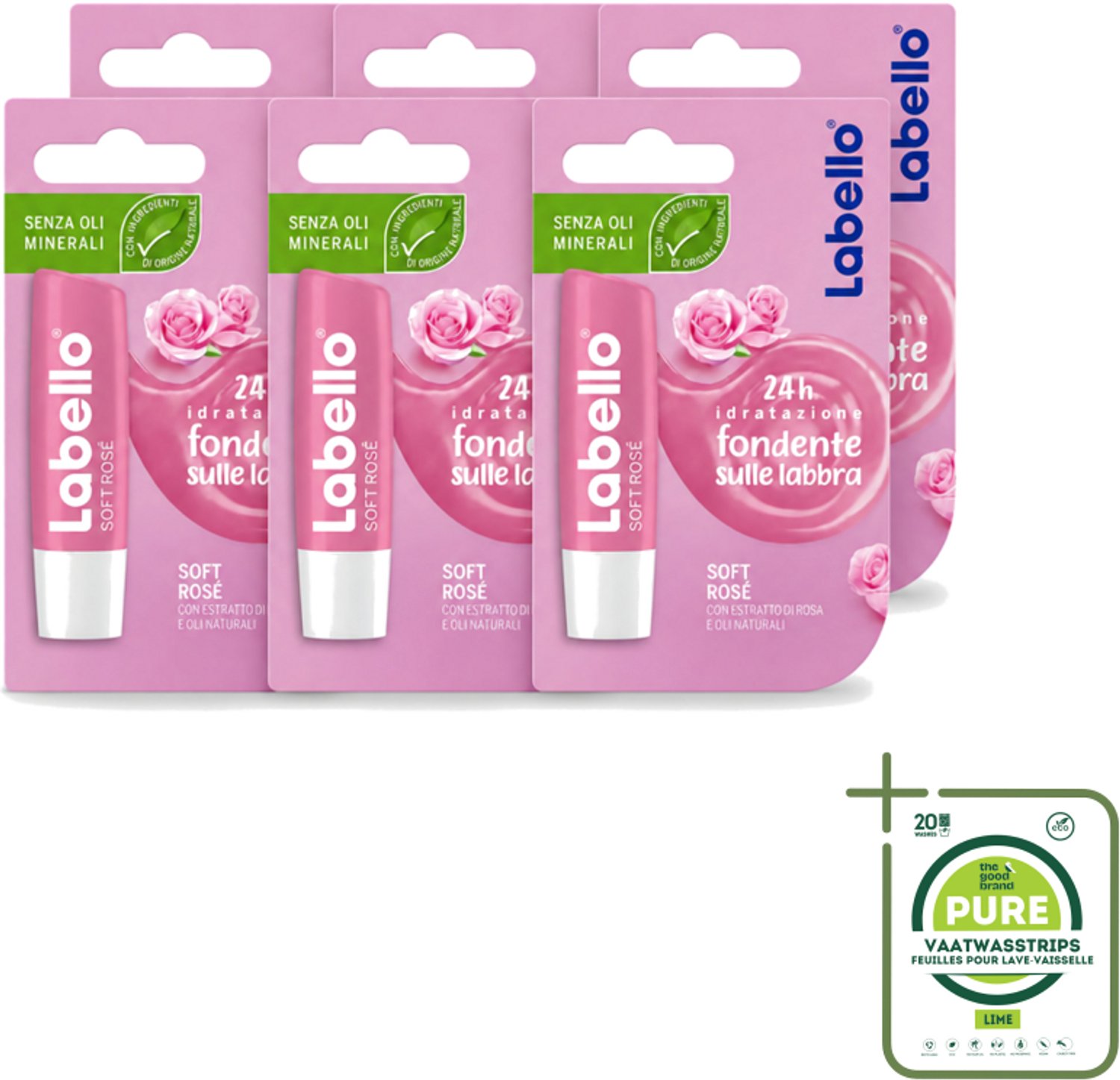 6 x Labello – Lippenbalsem – Soft Rosé - Grootverpakking - Vaatwasstrips - Lippenbalsem - Hydratatie - Rosé Lippen - Natuurlijke Glans - Verzorgde Lippen