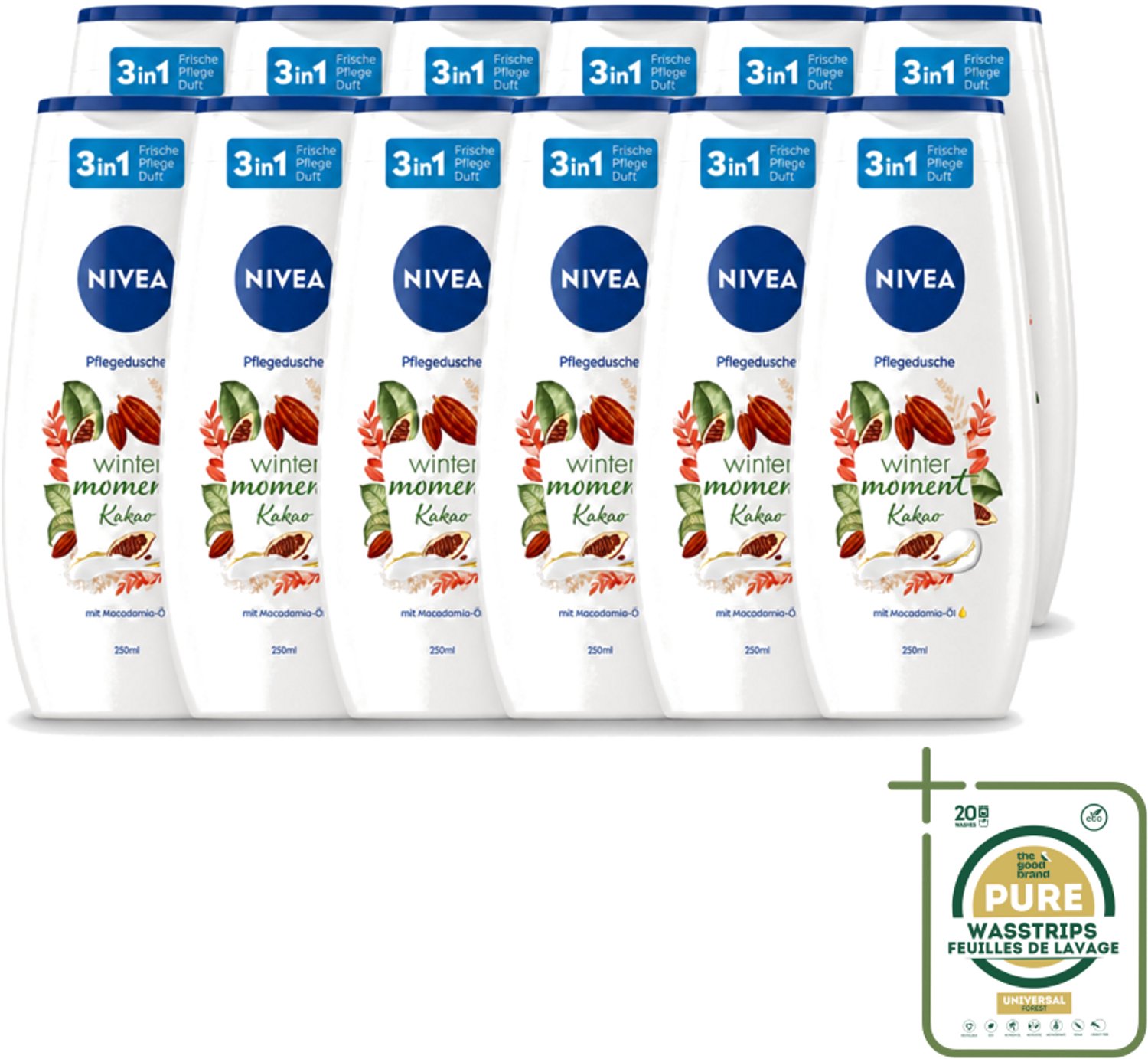 12 x Nivea - Douchegel - Winter Moment Cacao - 250 ml - Wasstrips - Douchegel - Winter Moment - Cacao - Verzorgende Douchegel - Huid Verzorging