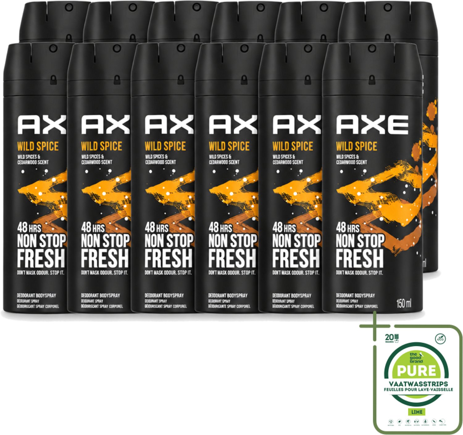 12 x Axe - Deodorant Bodyspray - 48hrs Non Stop Fresh - Wild Spice - Wild Spices & Cedarwood - 150 ml - Grootverpakking - Vaatwasstrips - Deodorant - Bodyspray - Cederhout Geur - Mannelijke Geur - Frisse Geur