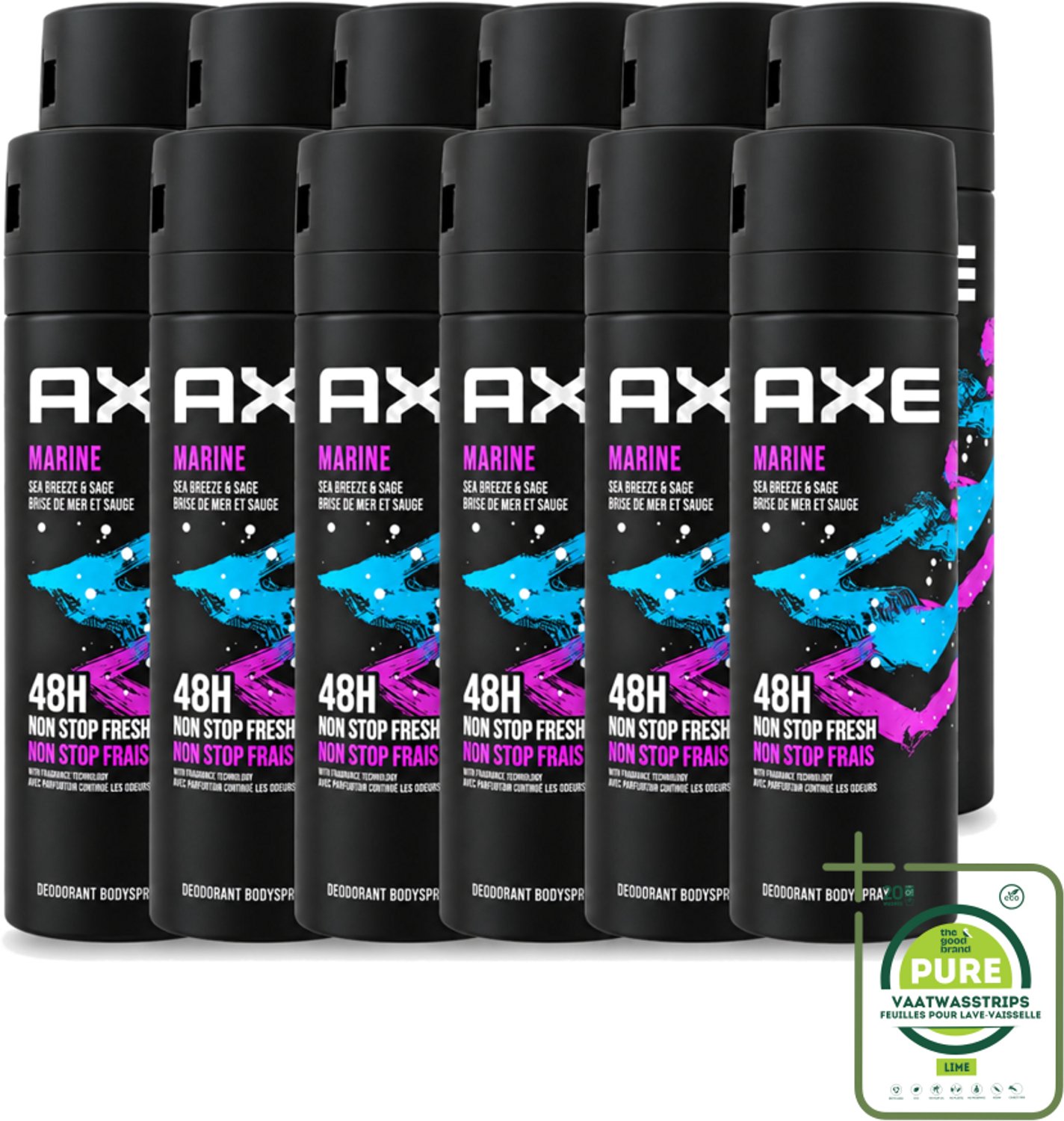 12 x Axe - Deodorant Bodyspray - 100% Fresh Fragrance - Marine - Sea Breeze & Sage - 150 ml - Grootverpakking - Vaatwasstrips - Deodorant - Bodyspray - Geur - Zeebries - Salie