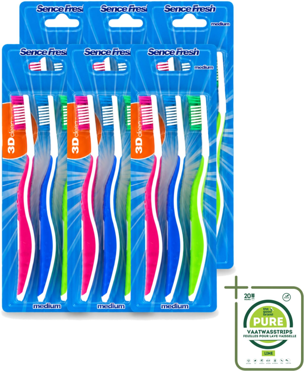 6 x Sence - Fresh 3D-Extra Clean - Tandenborstels - Medium - 3 Tandenborstels - Grootverpakking - Vaatwasstrips - Tandenborstel - Tandenborstels - Tandenborstel 3d - Tandenborstel Extra Clean - Tandenborstel Medium