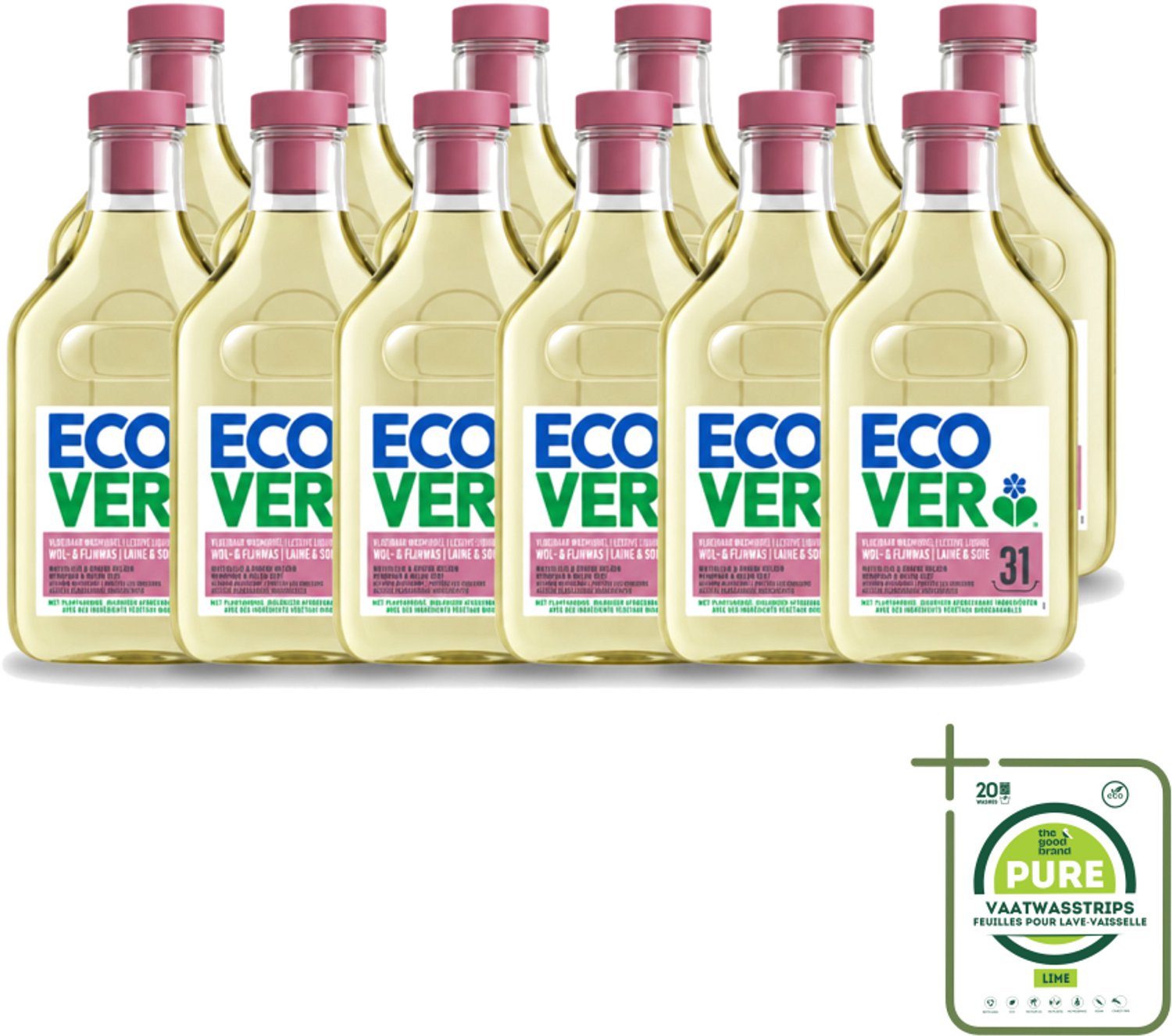 12 x Ecover - Vloeibaar Wasmiddel - Wol & Fijn Was - Waterlelie & Groene Meloen - 31 Wasbeurten - 1.43 L - Grootverpakking - Vaatwasstrips - Wasmiddel Wol En Fijn - Fijne Was - Delicate Stoffen - Milieuvriendelijk Wasmiddel - Plantbased Wasmiddel