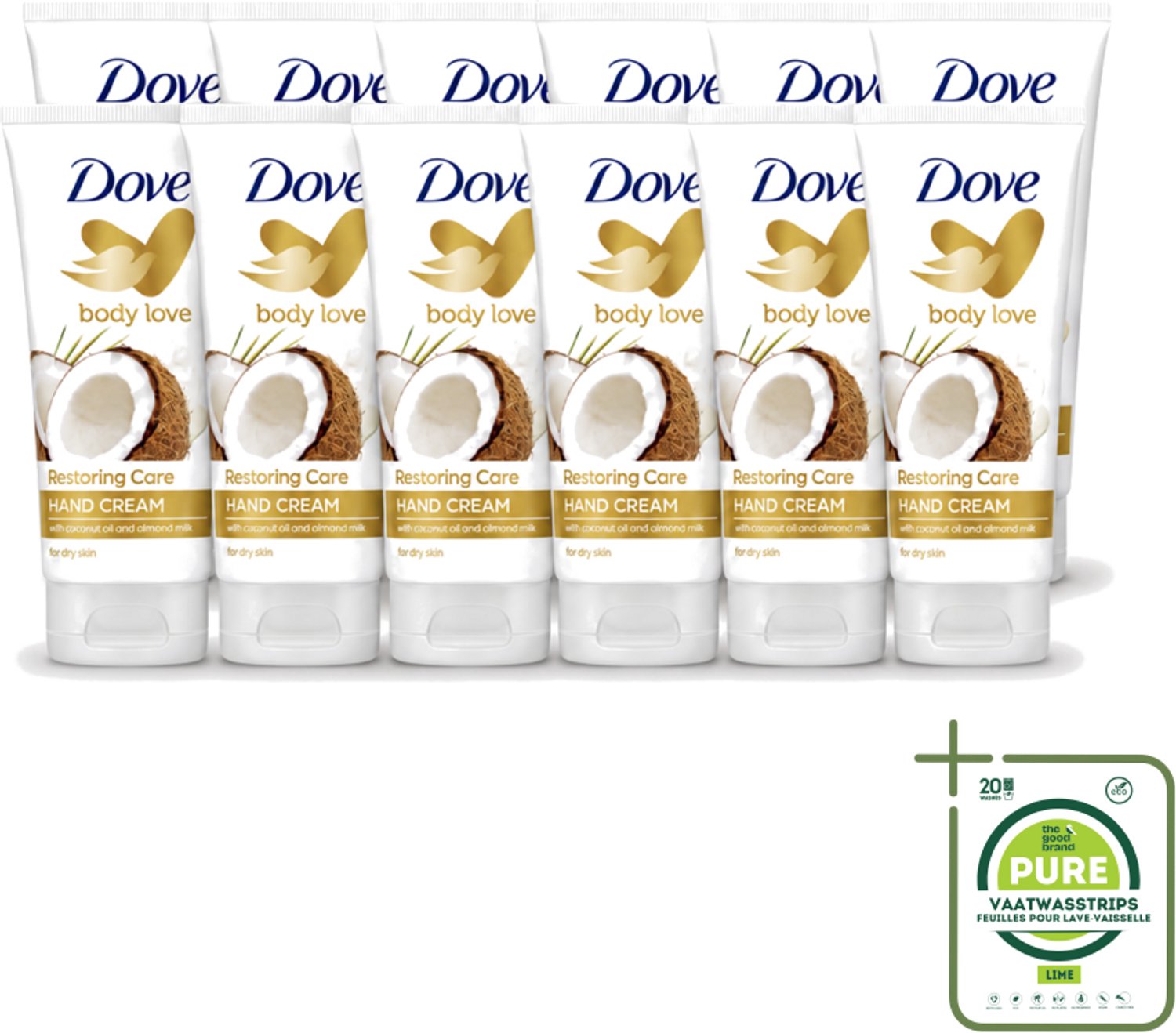 12 x Dove - Handcrème - Body Love Restoring Care - Kokos & Almond - Hydraterend - Droge huid - 75 g - Grootverpakking - Vaatwasstrips - Handcrème - Droge Huid - Hydraterende Crème - Kokos En Amandel - Huidverzorging
