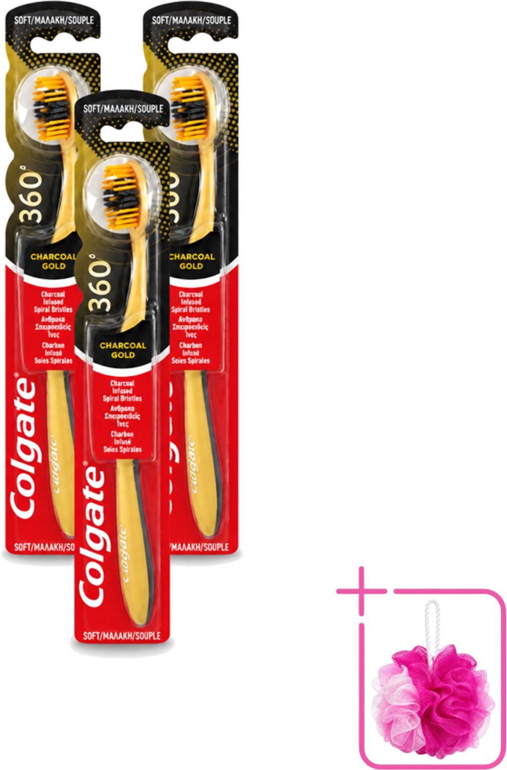 3 x Colgate - Tandenborstel - 360 Charcoal Gold Soft - Zwart/Goud - 1 Tandenborstel - Bulkverpakking - Tandenborstel - Houtskool