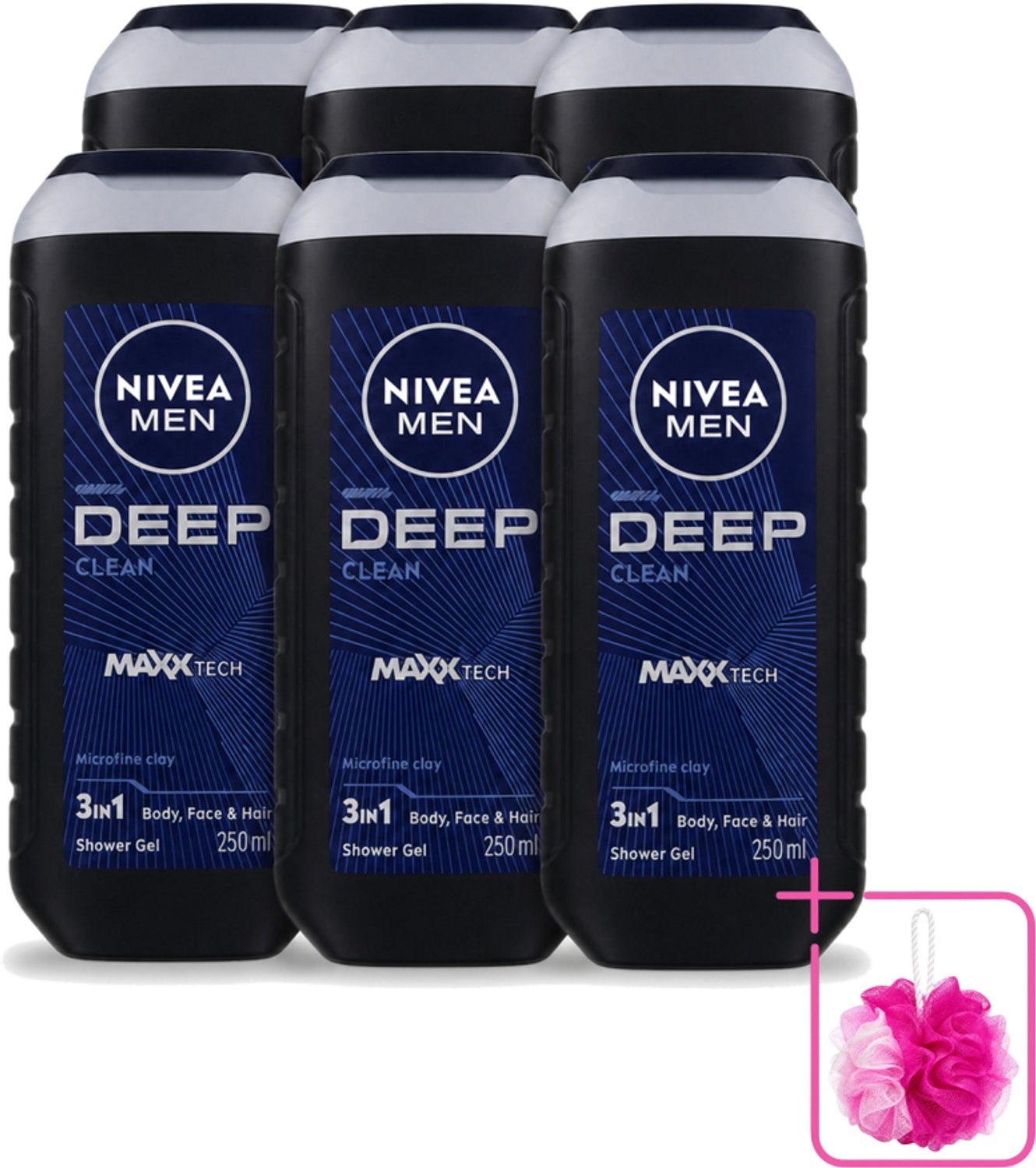 6 x Nivea Men – Douchegel – Deep Clean – 250 ml - Bulkverpakking - Douchegel - Douchemop - Diepe reiniging