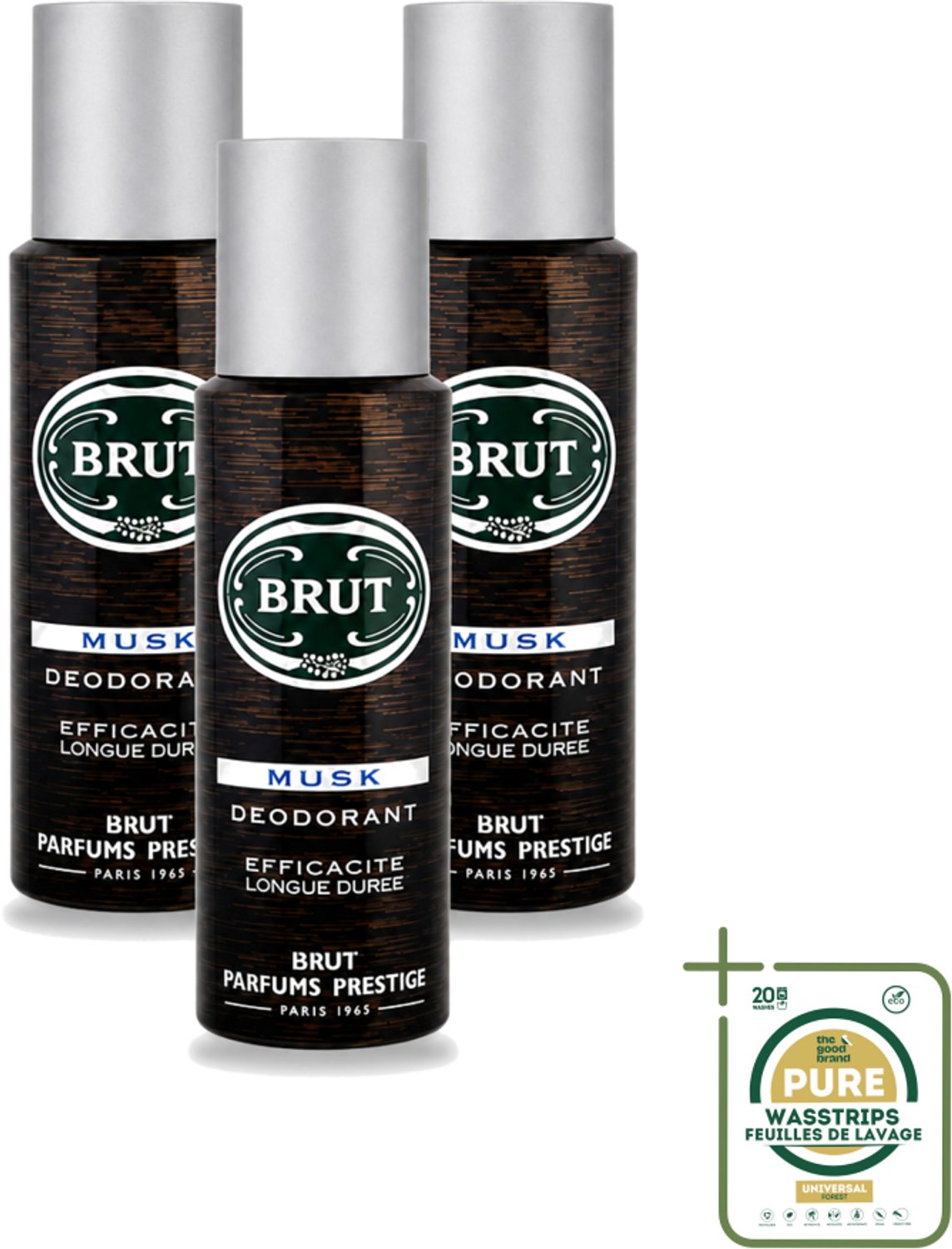 3 x Brut - Deodorant - Spray - Musk - Klassieke mannengeur - 200ml - Wasstrips - Brut Musk - Deodorant Spray - Mannelijke Geur - Muskus - Houtachtige Geur