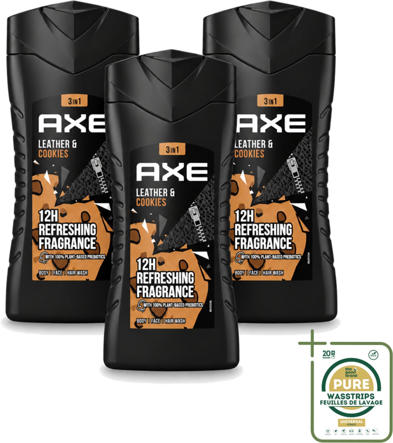 3 x Axe - 3-in-1 Douchegel - Leather & Cookies - 100% Plantaardig - 250 ml - Wasstrips - 3-in-1 Douchegel - Douchegel Voor Lichaam - Douchegel Voor Gezicht - Douchegel Voor Haar - Geur Leer En Koekjes