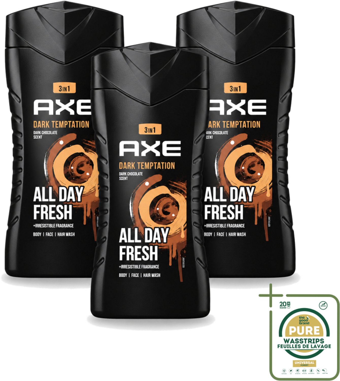 3 x Axe - 3-in-1 Douchegel - Dark Temptation - Dark Chocolate - 250 ml - Wasstrips - Douchegel - 3-in-1 - Lichaam - Gezicht - Haar