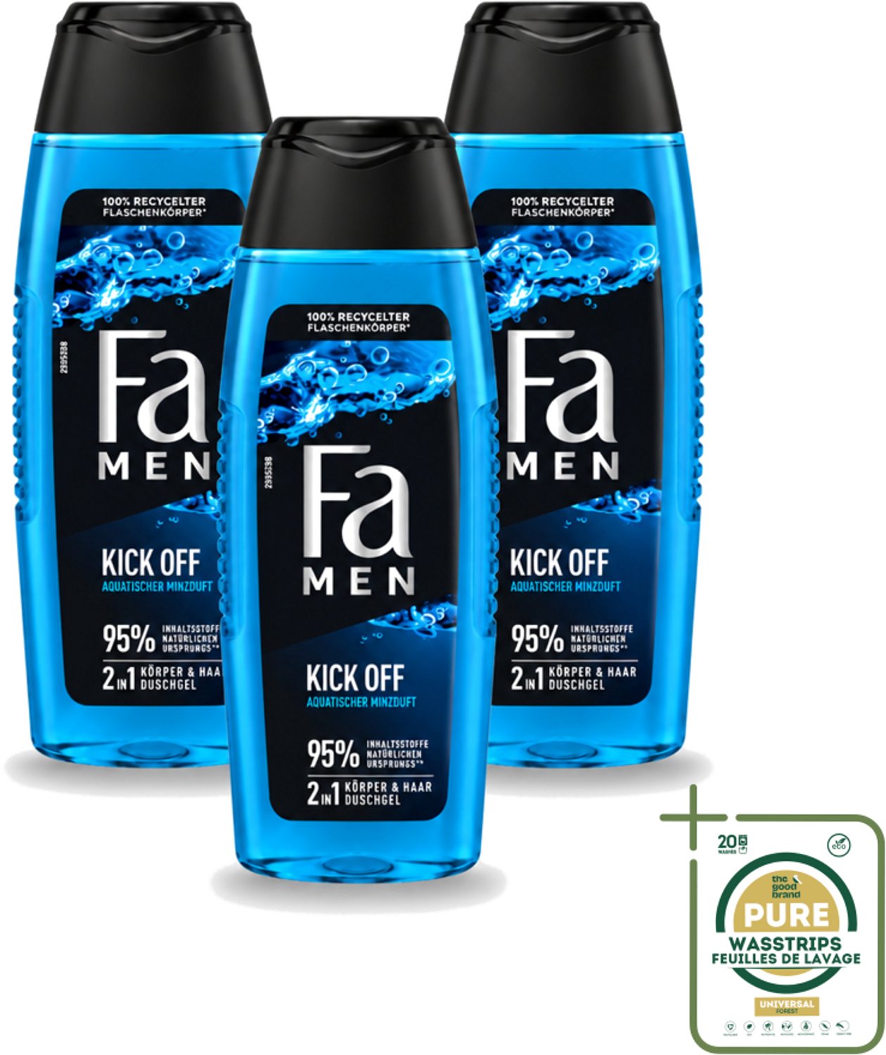 3 x Fa Men - Douchegel - Kick Off - Verfrissend & Energiek - Verzorgend - 250 ml - Wasstrips - Douchegel Mannen - Watermunt Douchegel - Energieke Douche - Verfrissende Douche - Douchegel Voor Mannen