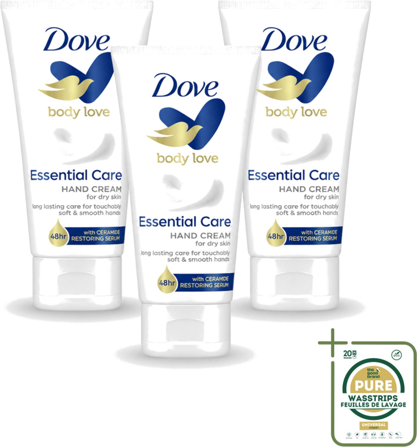 3 x Dove - Handcrème - Body Love Essential Care - Hydraterend - Droge huid - 75 g - Wasstrips - Handcrème - Droge Huid - Hydraterende Crème - Huidbarrière - Handverzorging